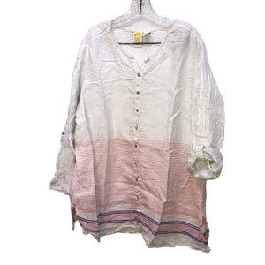 C& C California WOMAN PLUS 100% LINEN bone pink blue stripe button down …